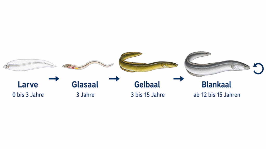 Lebenszyklus des Aals in vier Stadien: Weidenblattlarve, Glasaal, Gelbaal und Blankaal mit Altersangaben