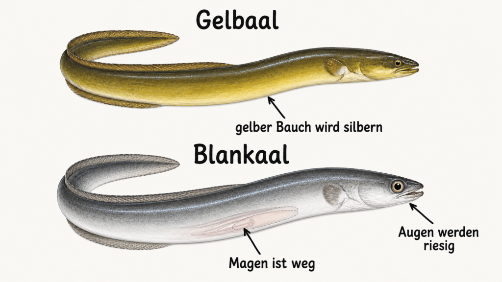 ergleich Gelbaal und Blankaal, der Blankaal hat einen silbernen Bauch und deutlich größere Augen
