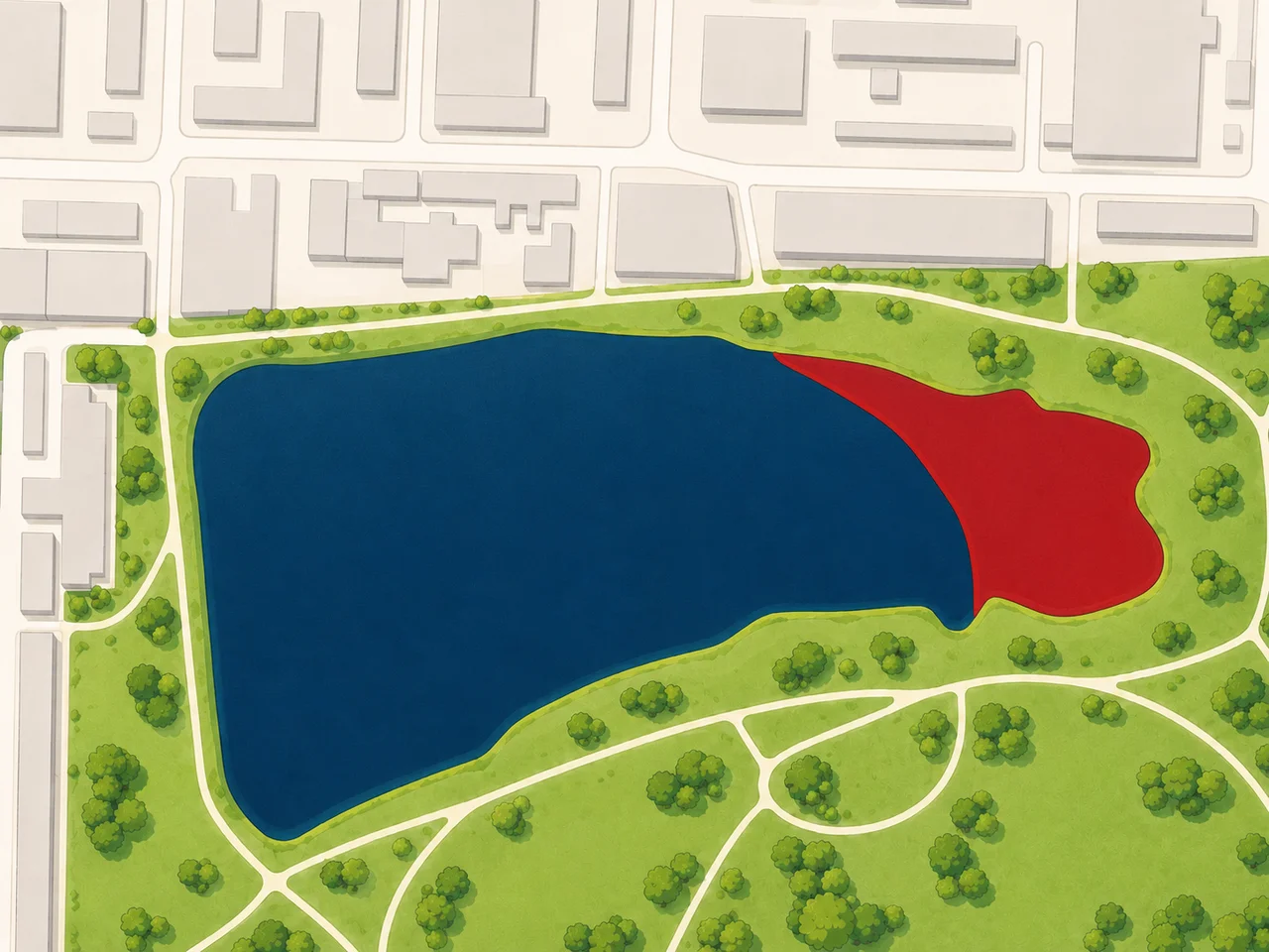 Karte des Großen Silbersees im Erholungspark Lößnig-Dölitz. Am Nordost- und Südostufer ist eine rot markierte Sperrzone eingezeichnet, in der das Angeln verboten ist.