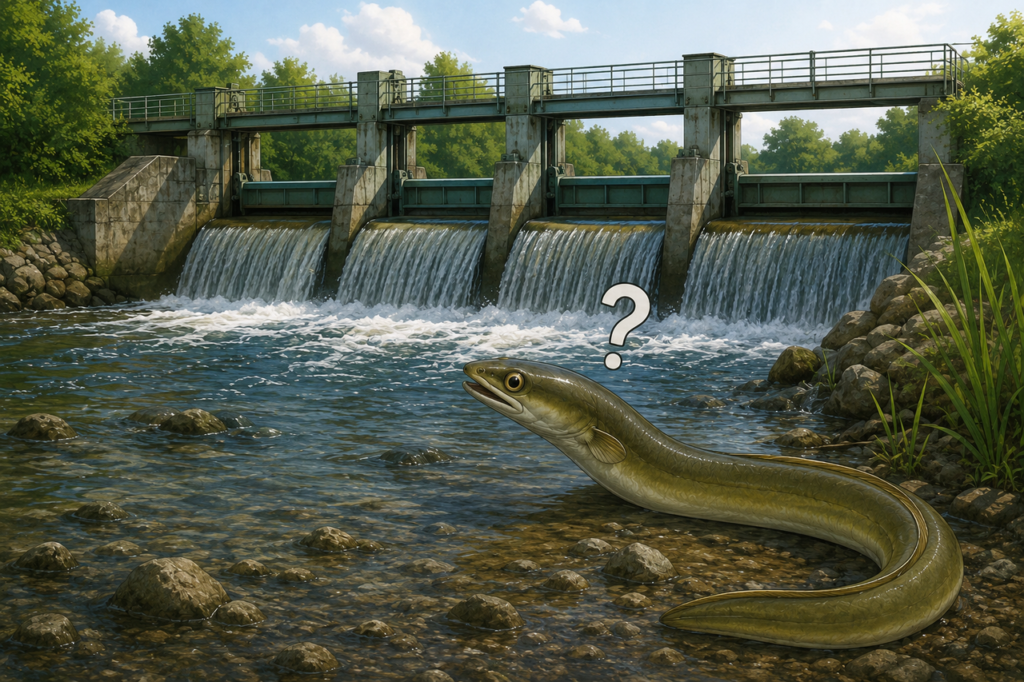 Wehr im Fluss als Wanderhindernis für den Aal