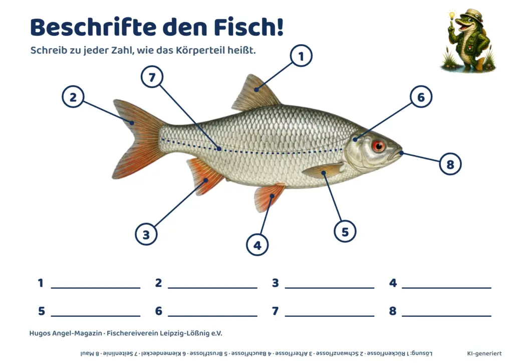 Arbeitsblatt: Ein Rotauge mit acht nummerierten Körperteilen und leeren Zeilen zum Beschriften.