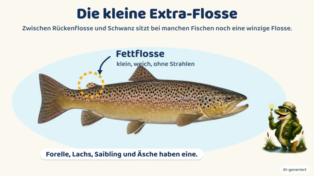 Infografik: Eine Bachforelle. Zwischen Rückenflosse und Schwanz ist die kleine Fettflosse markiert. Forelle, Lachs, Saibling und Äsche haben eine.