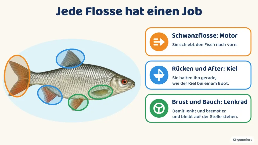 Infografik: Die Schwanzflosse ist der Motor, Rücken- und Afterflosse sind der Kiel, Brust- und Bauchflossen sind das Lenkrad.