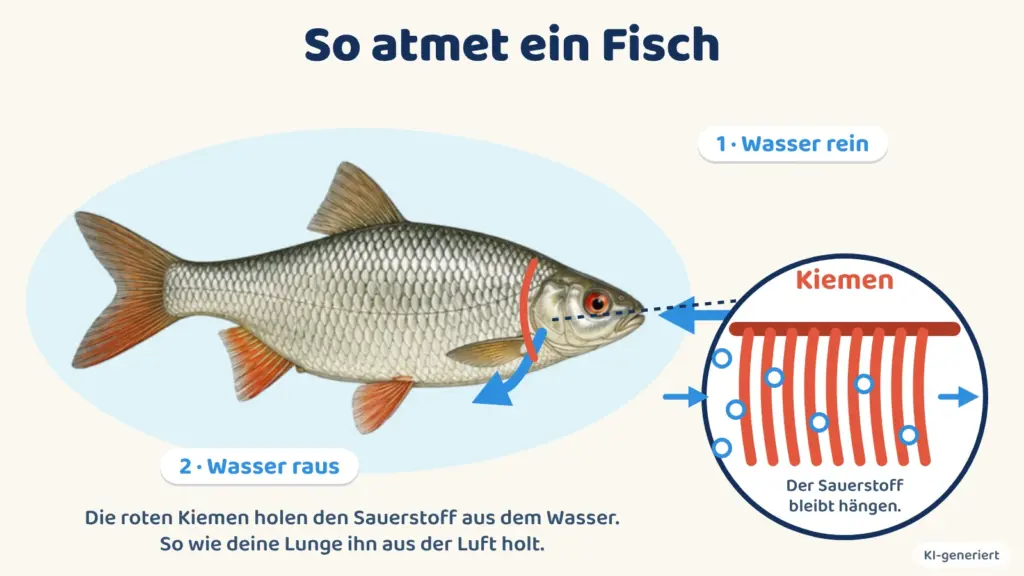 Infografik: Wasser strömt durch das Maul hinein und hinter dem Kiemendeckel wieder hinaus. Die roten Kiemen holen den Sauerstoff aus dem Wasser.