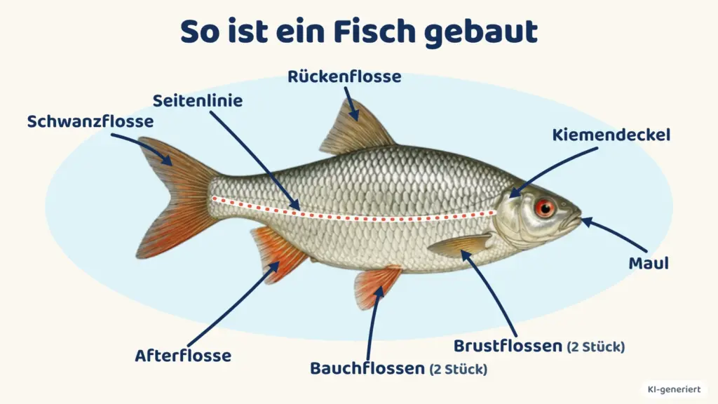 Infografik: Ein Rotauge mit beschrifteten Körperteilen: Rückenflosse, Schwanzflosse, Afterflosse, Bauchflossen, Brustflossen, Kiemendeckel, Seitenlinie und Maul.