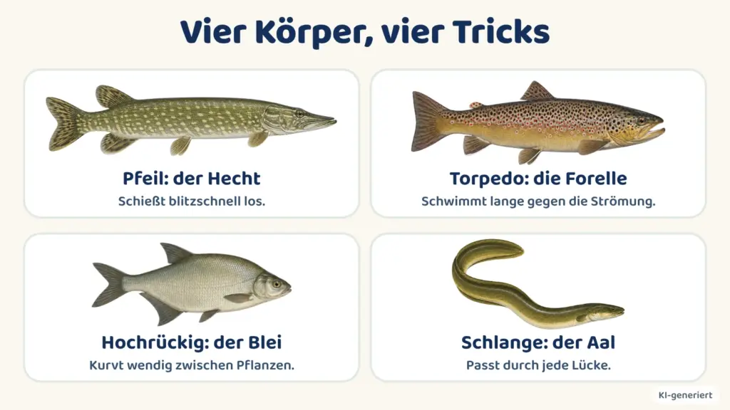 Infografik mit vier Körperformen: Hecht wie ein Pfeil, Forelle wie ein Torpedo, Blei hochrückig, Aal wie eine Schlange.