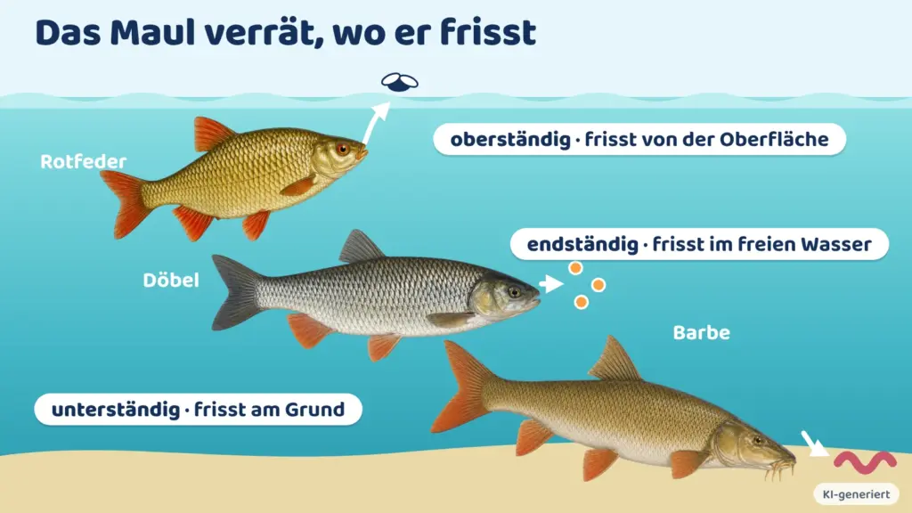 Infografik: Die Rotfeder hat ein oberständiges Maul und frisst von der Oberfläche. Der Döbel hat ein endständiges Maul. Die Barbe hat ein unterständiges Maul und frisst am Grund.