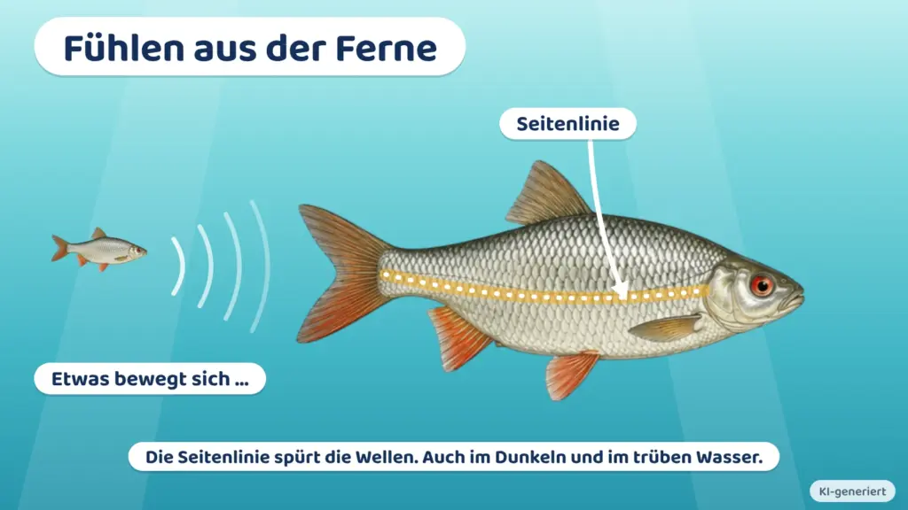 Infografik: Ein kleiner Fisch bewegt sich und macht Wellen im Wasser. Ein Rotauge spürt die Wellen mit seiner Seitenlinie.