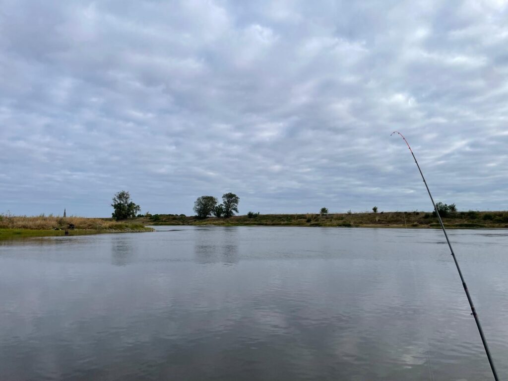 Rutenspitze vor der ruhigen Elbe, am Horizont ein Kirchturm