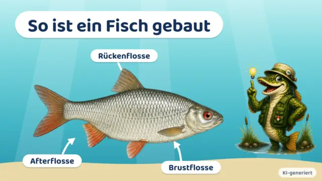 Vorschaubild: So ist ein Fisch gebaut. Ein Rotauge mit den Schildern Rückenflosse, Afterflosse und Brustflosse, daneben Hecht Hugo.